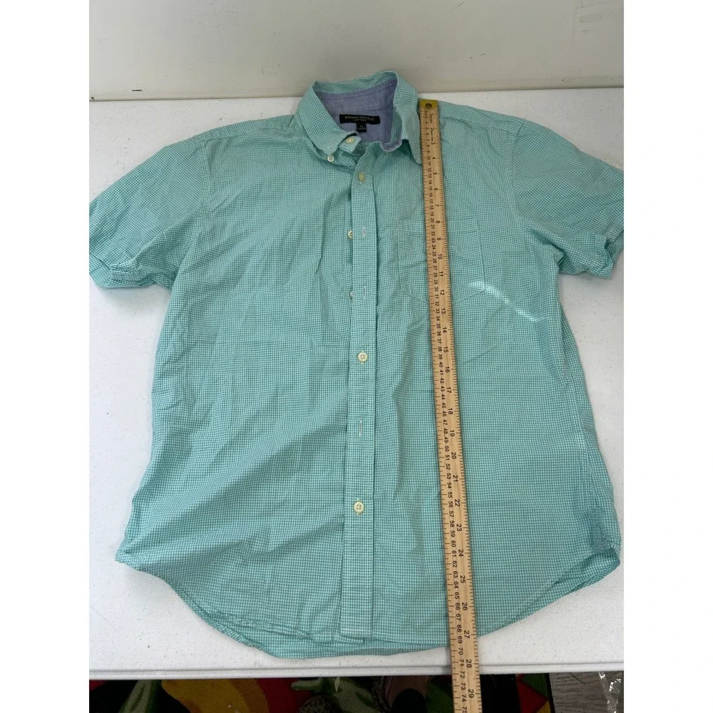 Banana Republic‎ Soft Wash Mens Medium Teal Gingham Short Sleeve Button Down